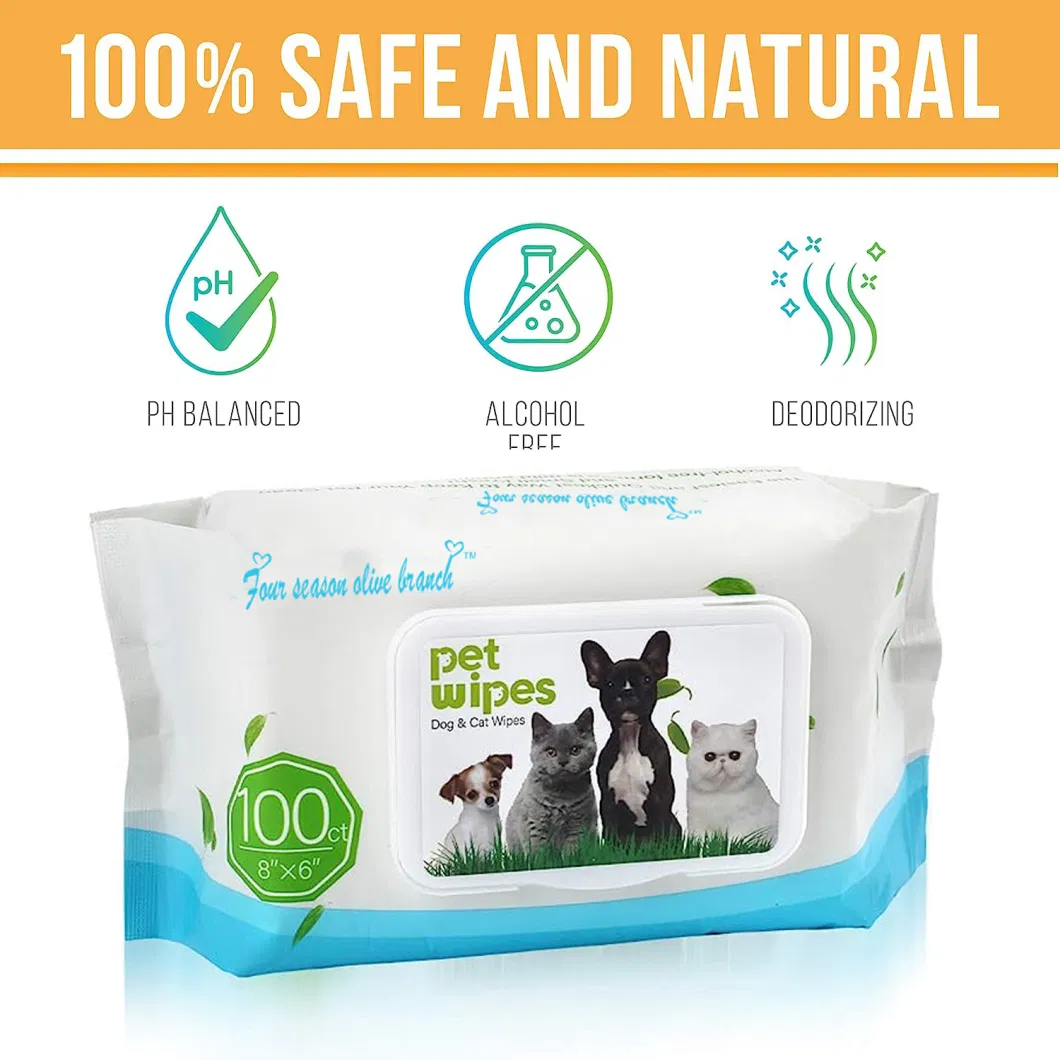 OEM 100% Bamboo Fiber Pet Wipes - Hypoallergenic Dog and Cat Cleaning Wipes with Aloe Vera- Alcohol and Paraben-Free Deodorizing Pet Wipes